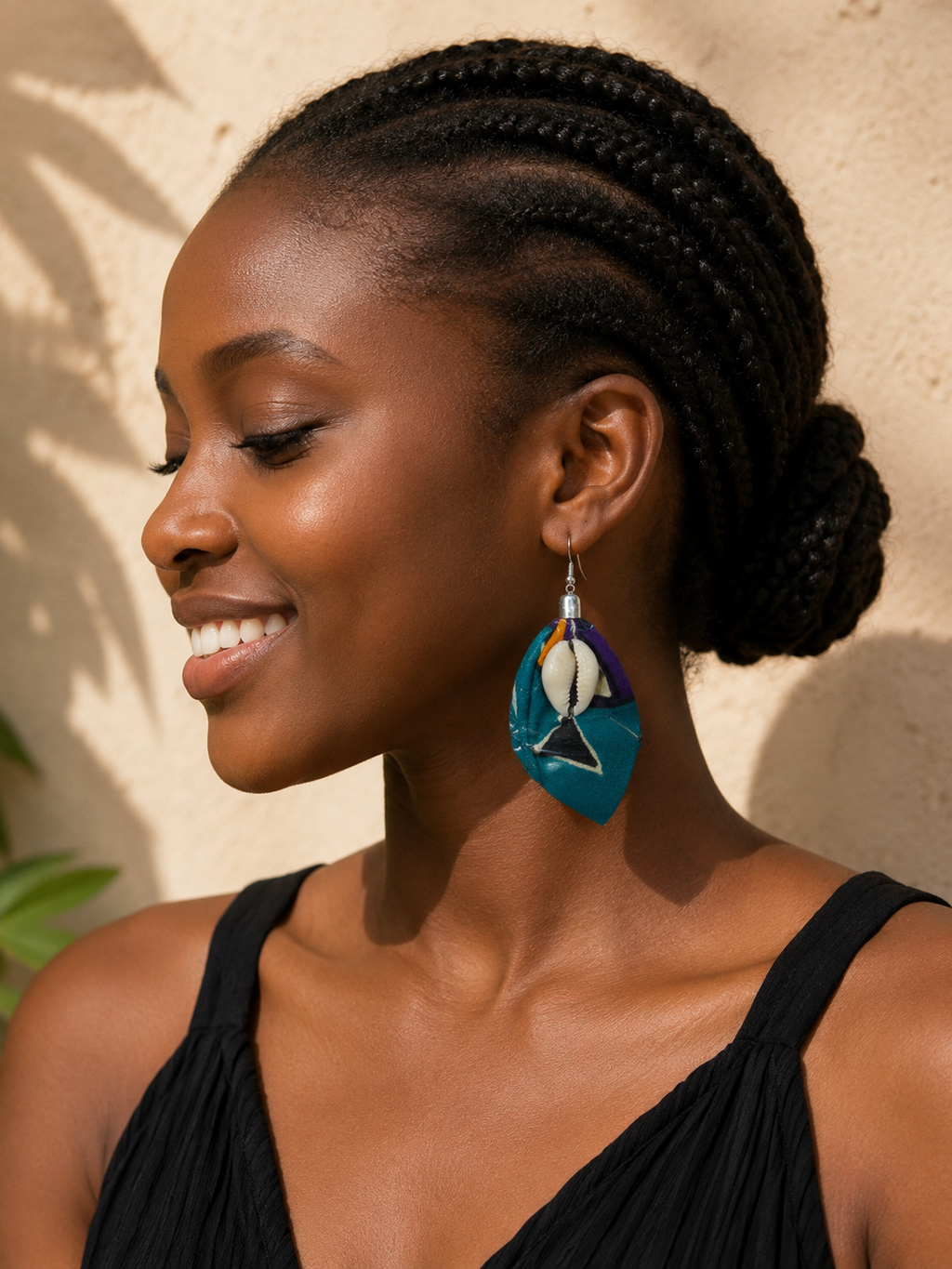 Boucle d’oreilles artisanales en tissu Wax et cauri