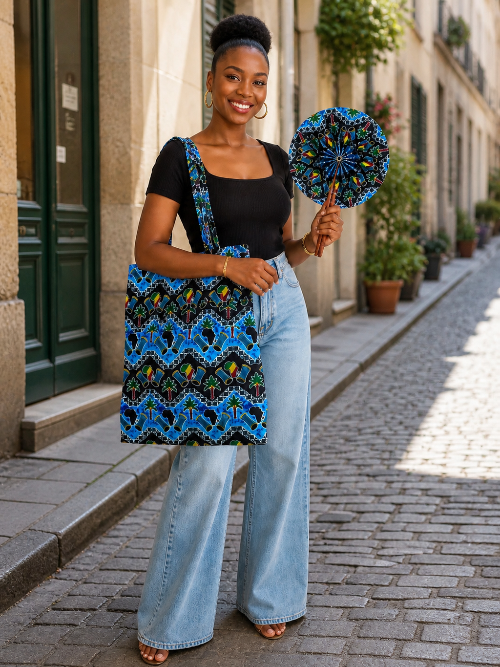 Sac cabas + éventail en tissu premium
